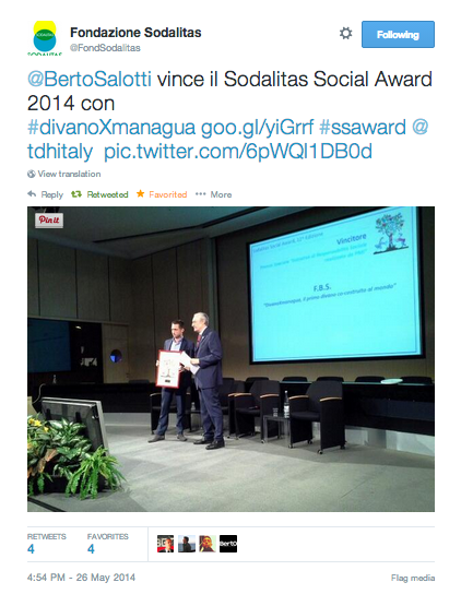 Berto vince con #divanoXmanagua premio Sodalitas